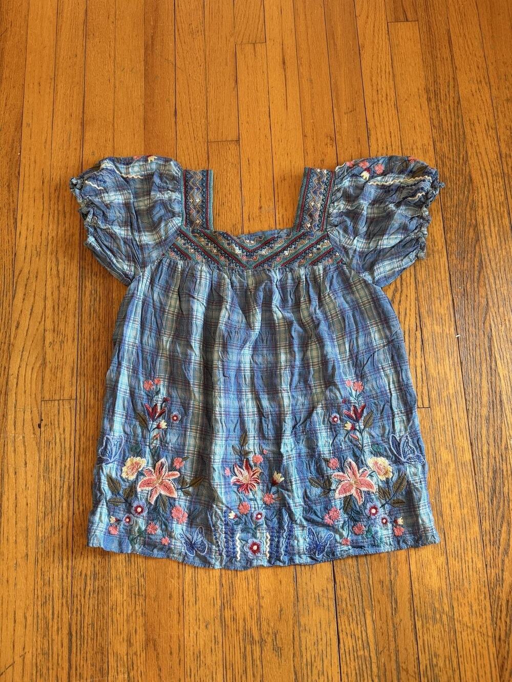 Johnny Was Workshop Womens S Blue Plaid Floral Boho Tunic